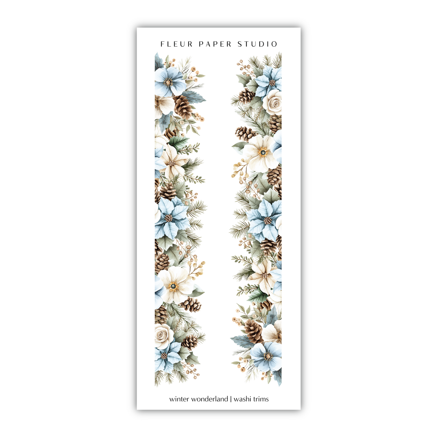 a white bookmark with blue flowers and pine cones