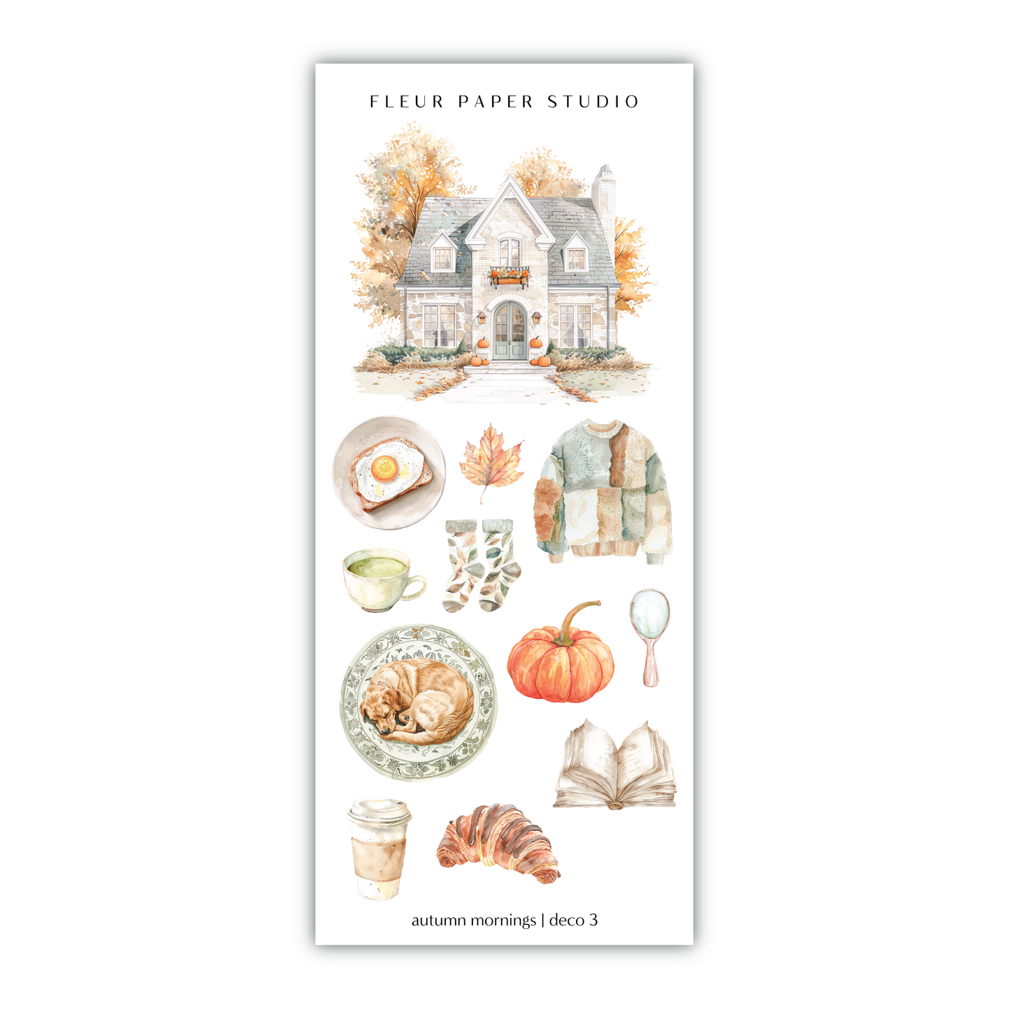 a paper sticker with a house and autumn items