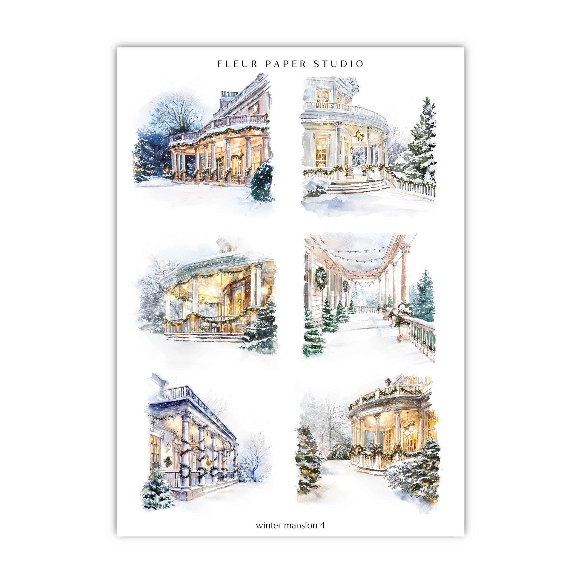 a set of four watercolor drawings of a house