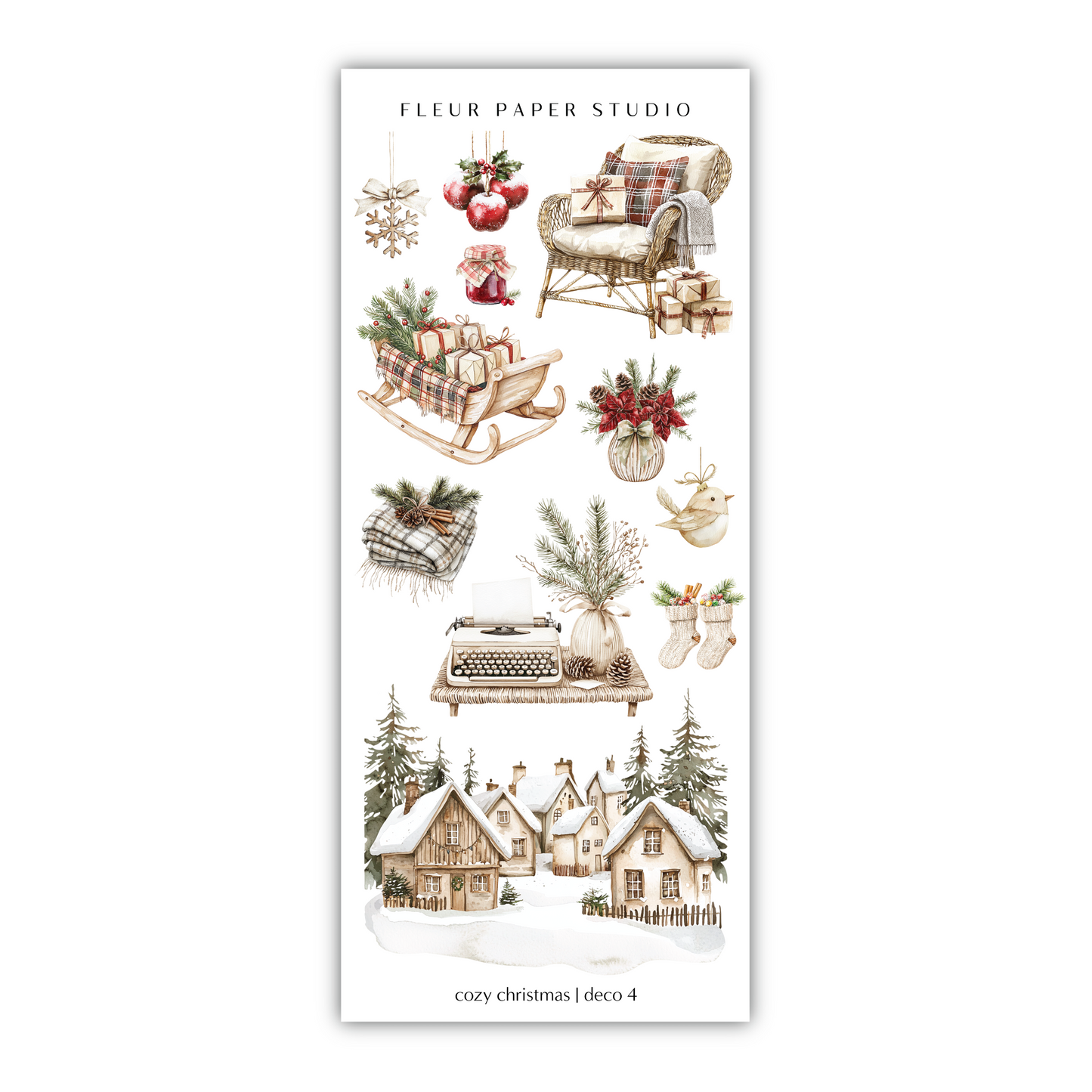 a christmas sticker with a picture of a house and a sleigh