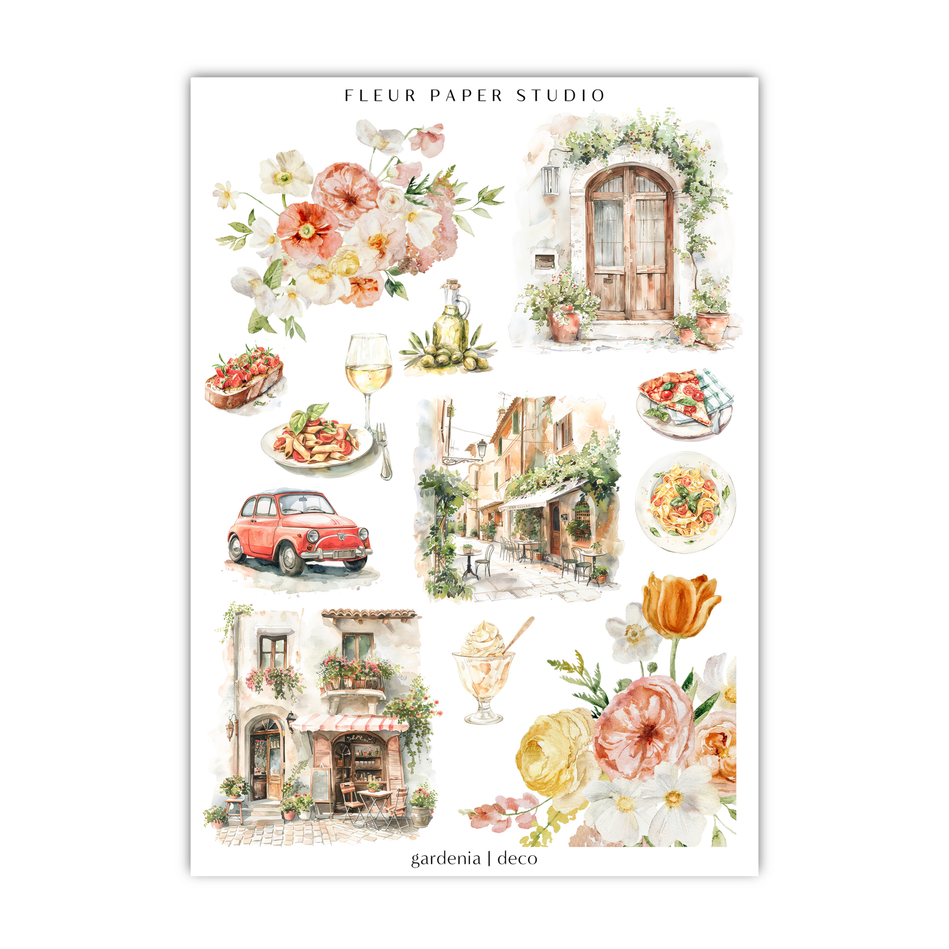 a sticker sheet with flowers and a car