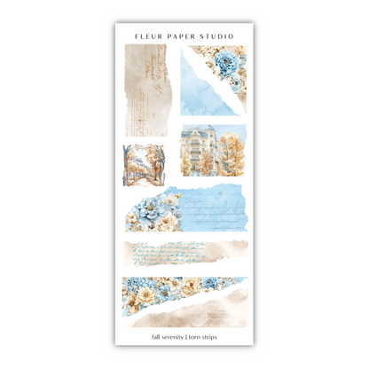 a sticker sheet with blue flowers and buildings