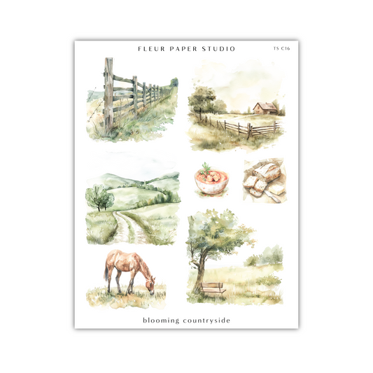 a watercolor painting of a horse and farm scenes