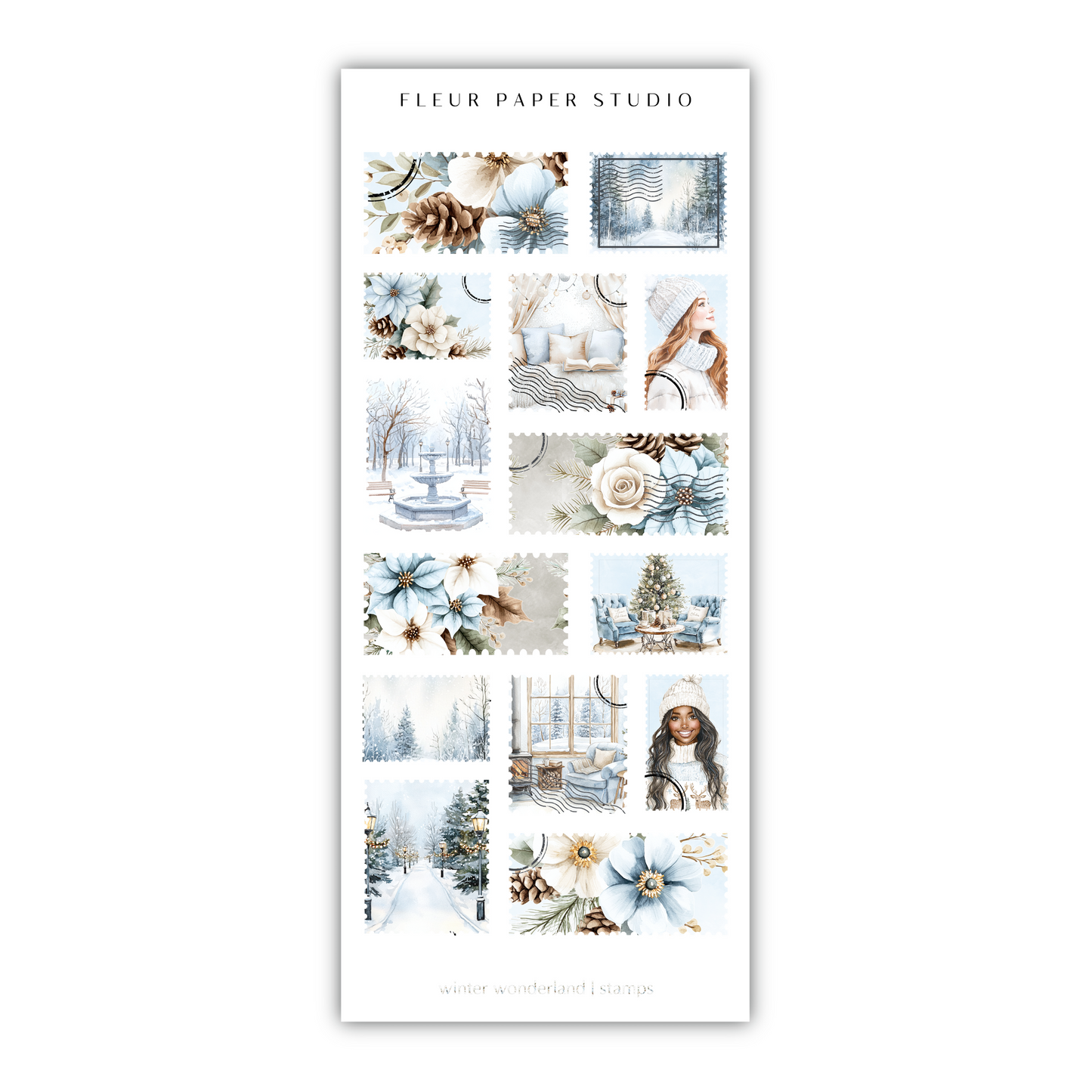 a sticker sheet with a picture of a woman and snowflakes