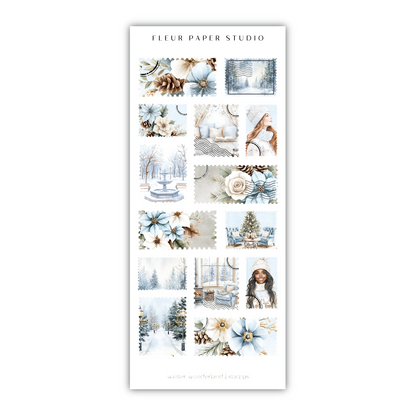 a sticker sheet with a picture of a woman and snowflakes