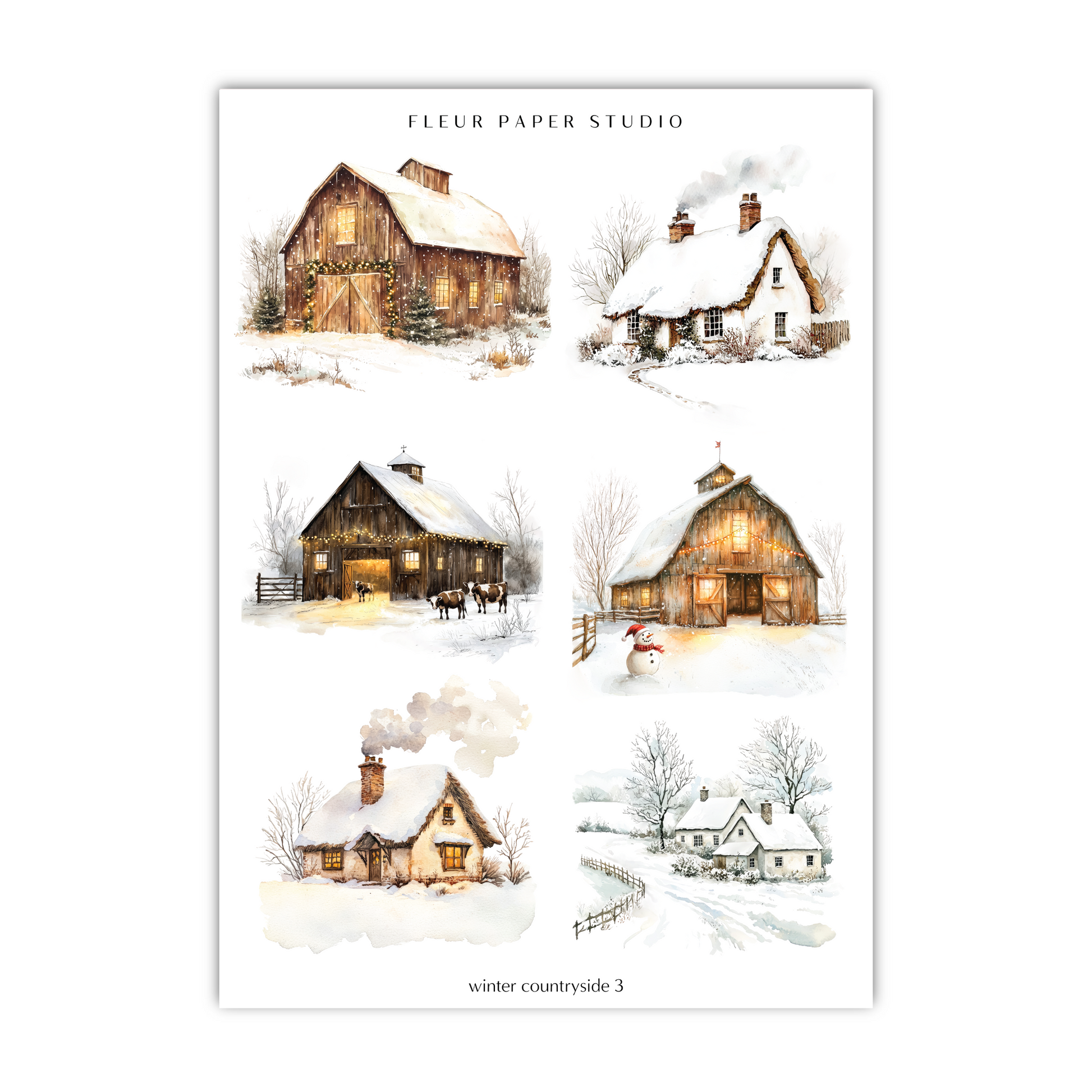 a set of four watercolor paintings of farm buildings