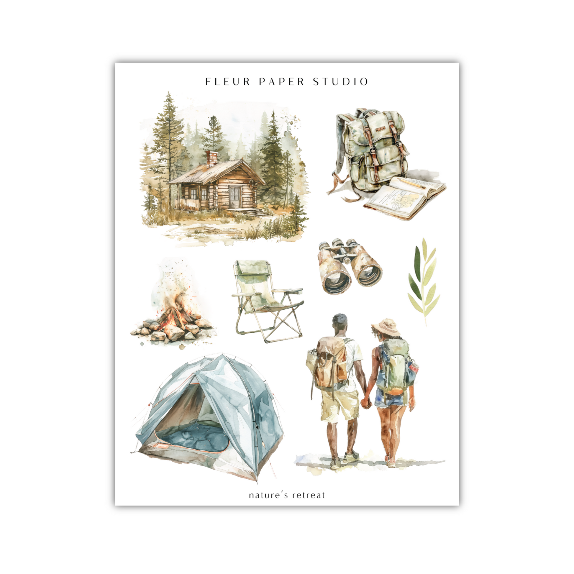 a watercolor drawing of a couple of people standing next to a tent
