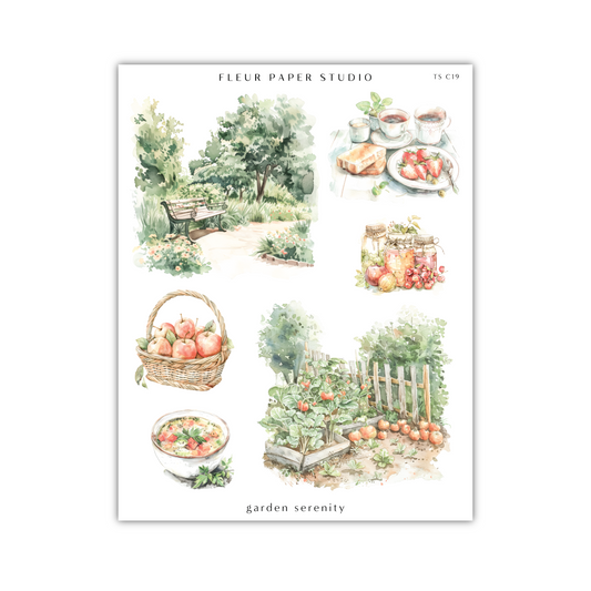 a watercolor drawing of a garden scene
