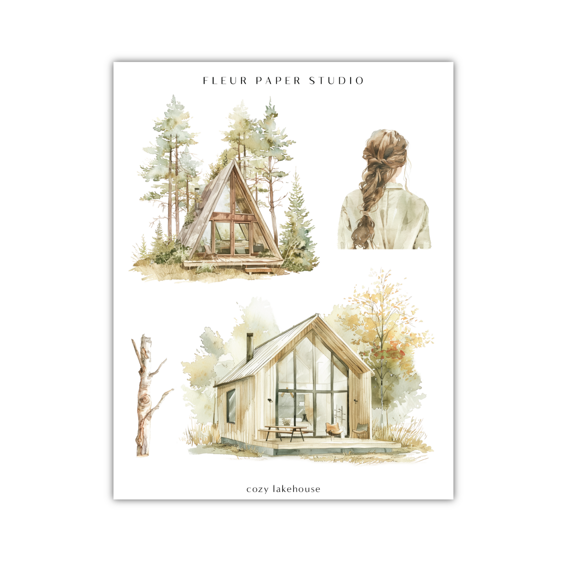 a watercolor painting of a cabin and trees