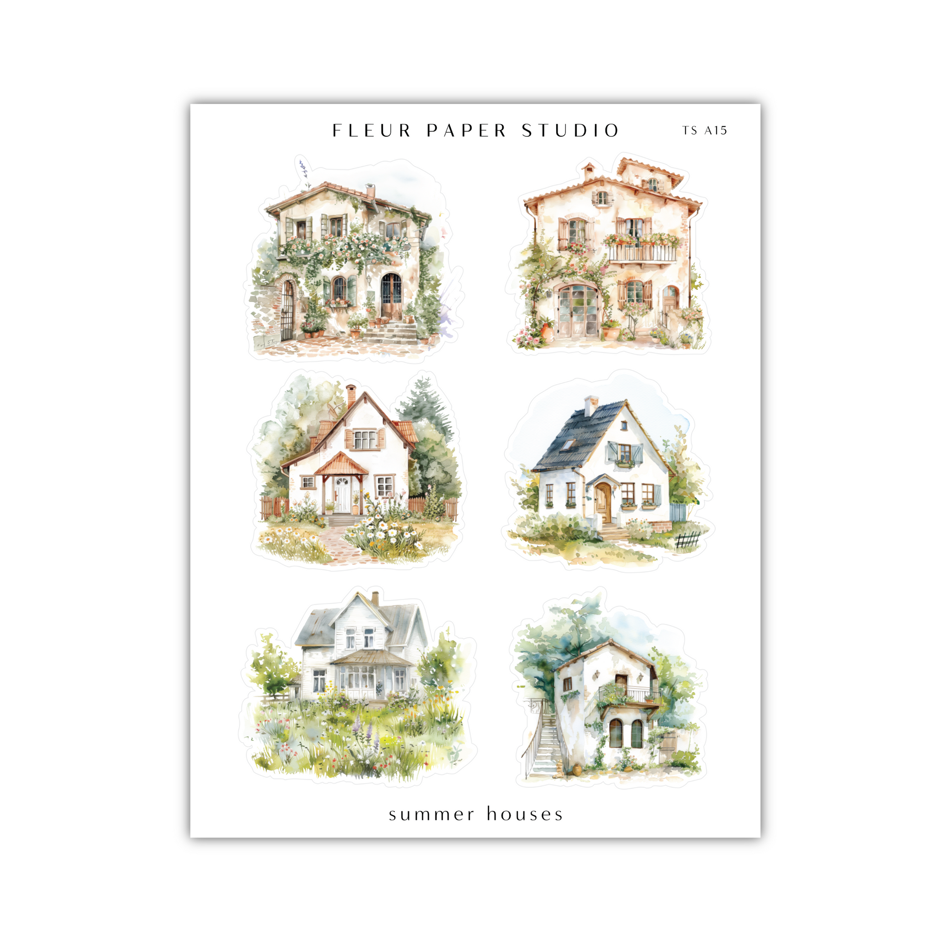 four watercolor houses on a white background