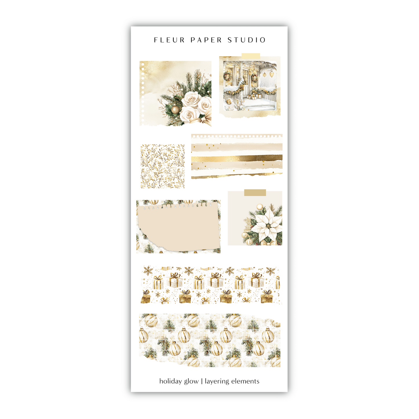 a sticker sheet with gold and white christmas decorations