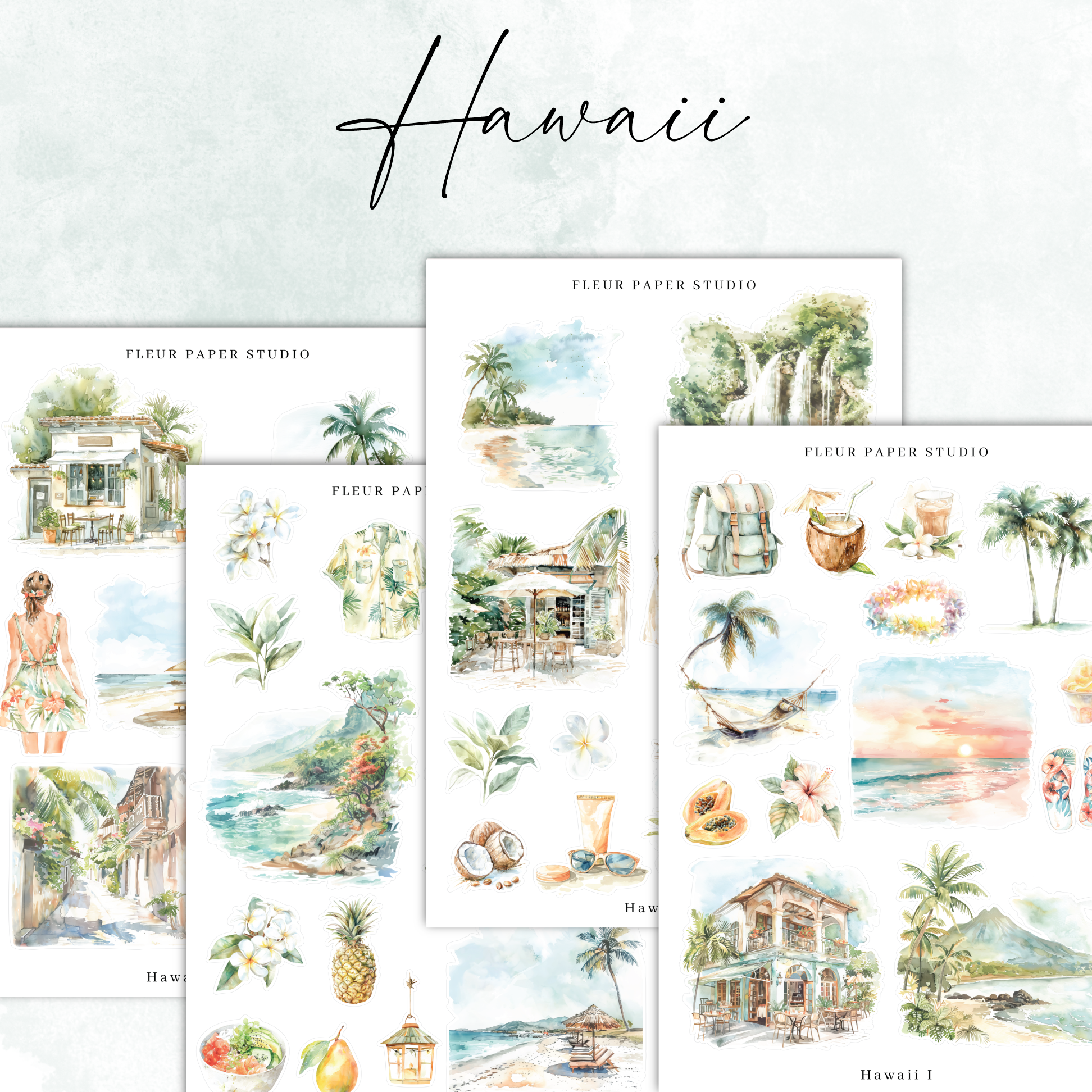 a set of four hawaiian watercolor stickers