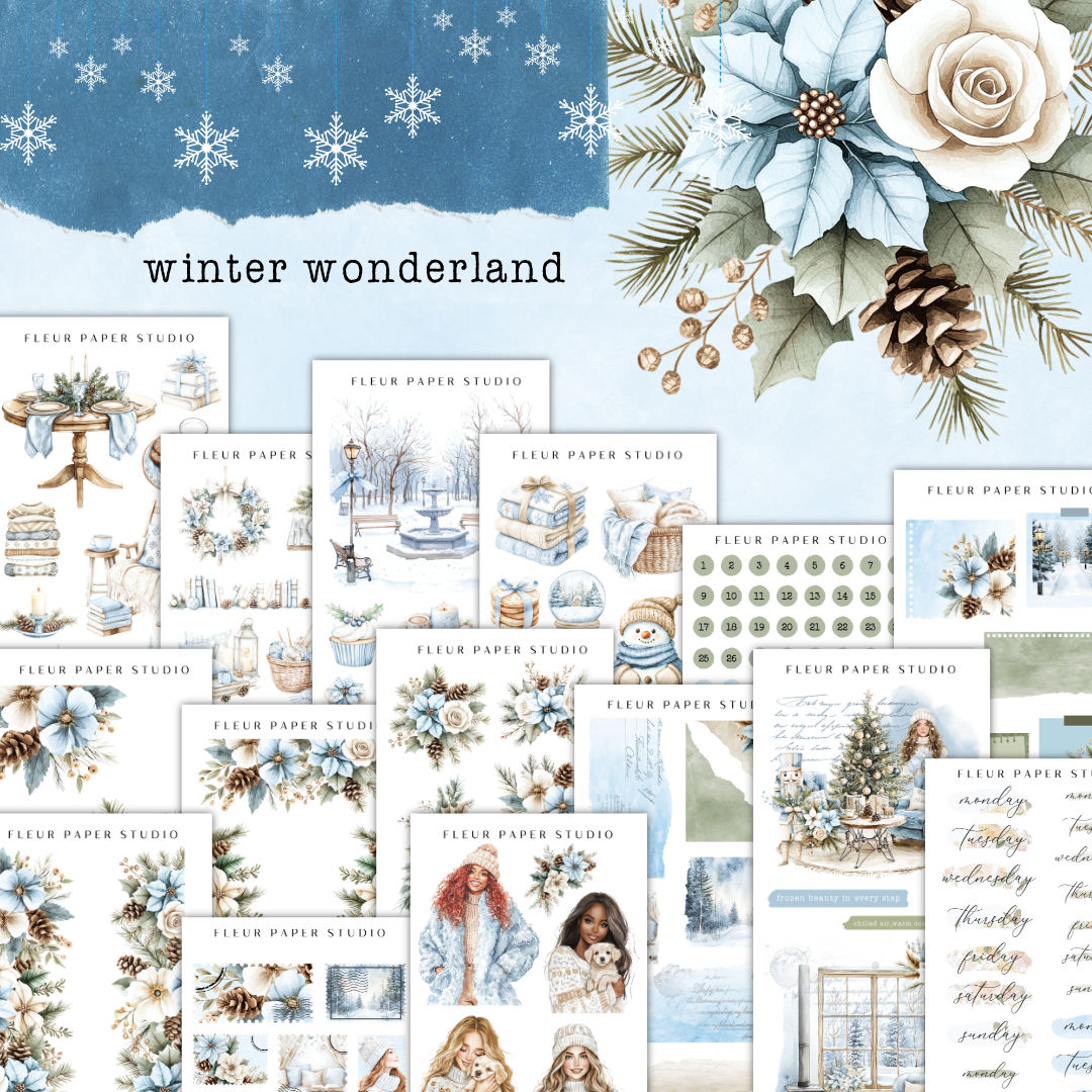 a large collection of winter wonderland paper and stickers