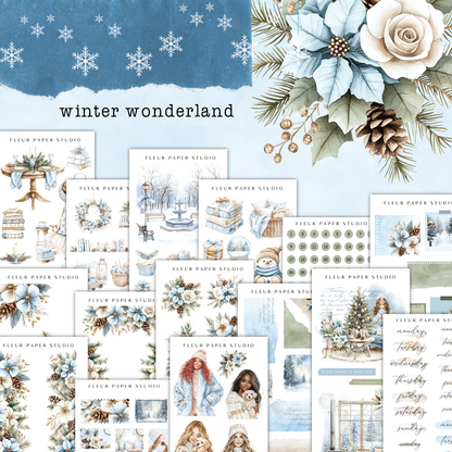 a large collection of winter wonderland paper and stickers