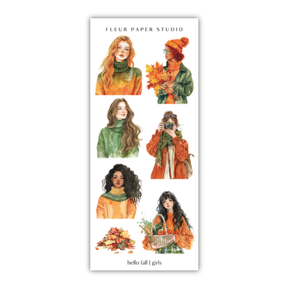 a sticker sheet with a woman's face and four different outfits