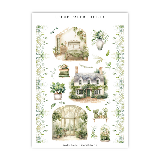 a poster of a house with flowers and potted plants