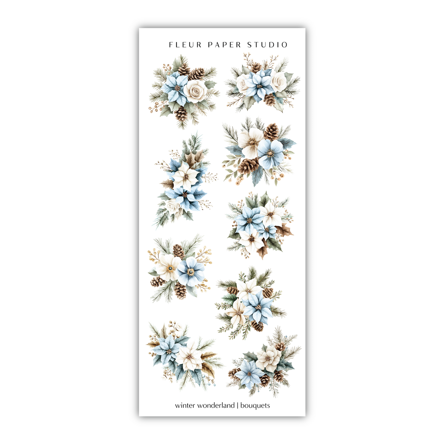 a white sticker with blue flowers and pine cones