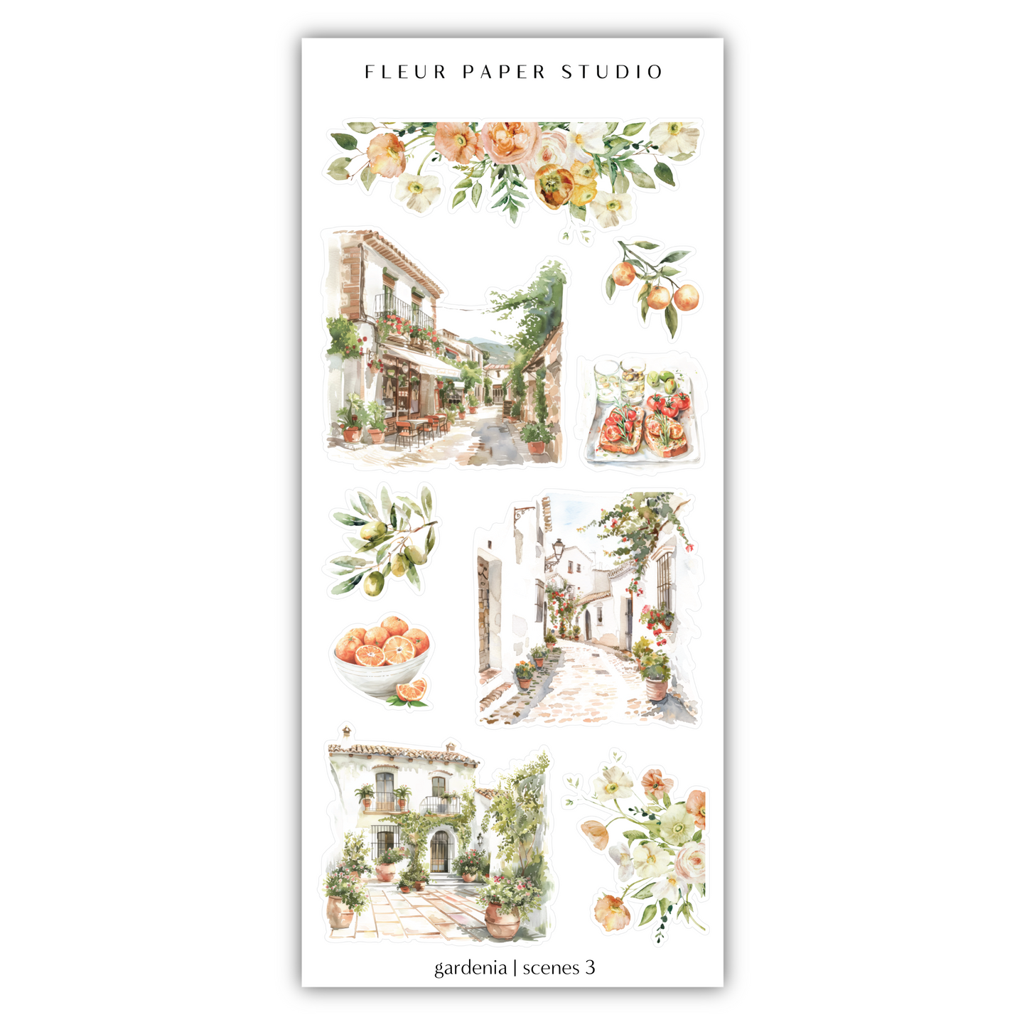 a sticker of flowers and buildings on a white background
