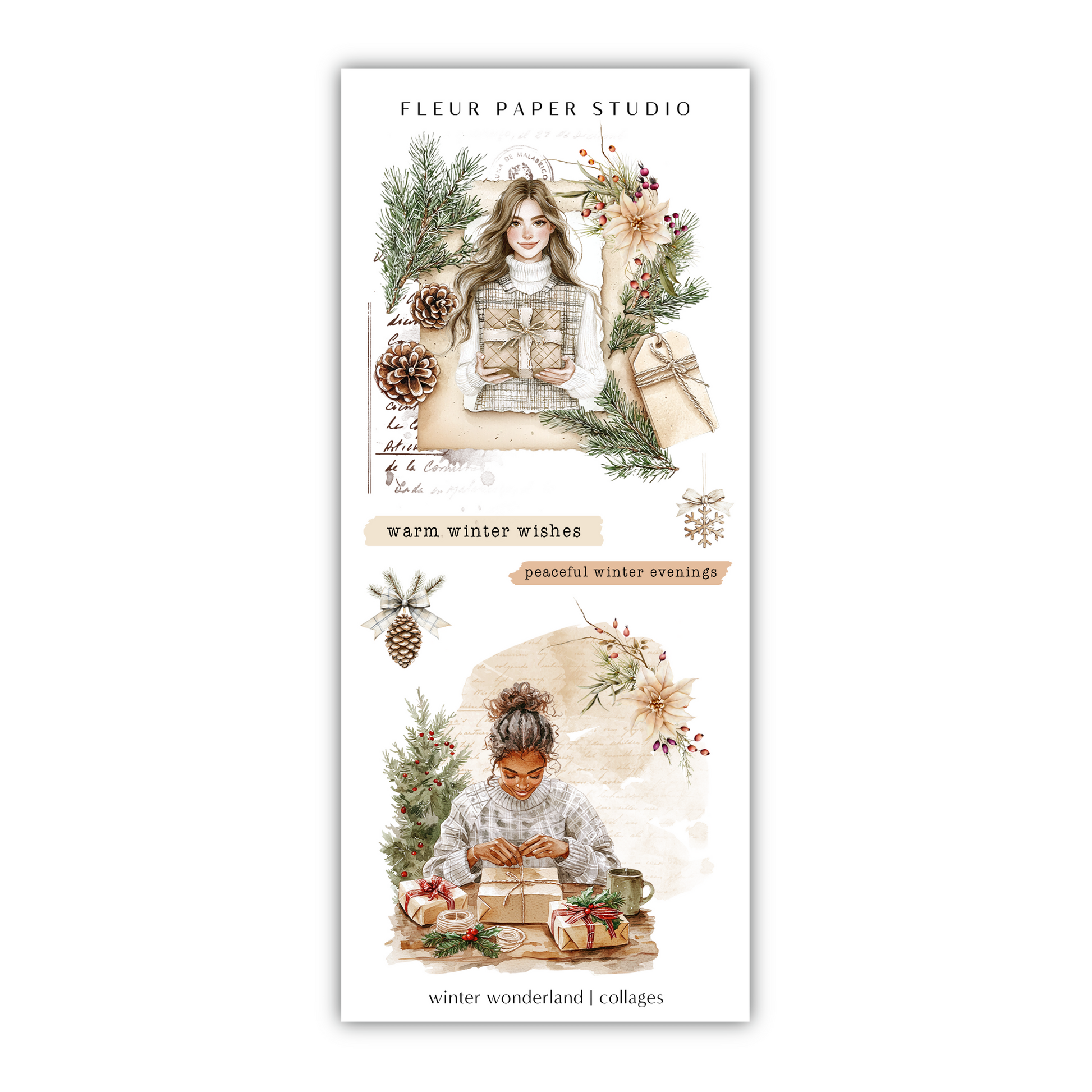 two christmas cards with a girl and presents