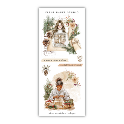 two christmas cards with a girl and presents