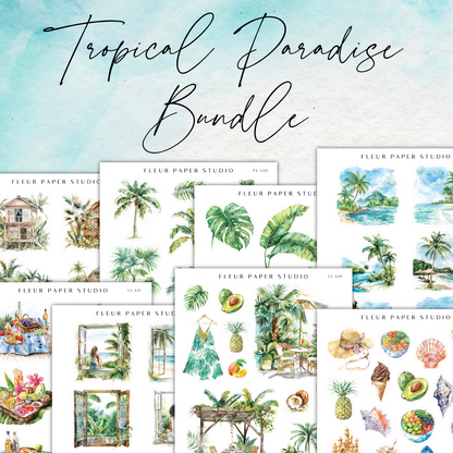 a bunch of watercolor drawings of tropical scenes