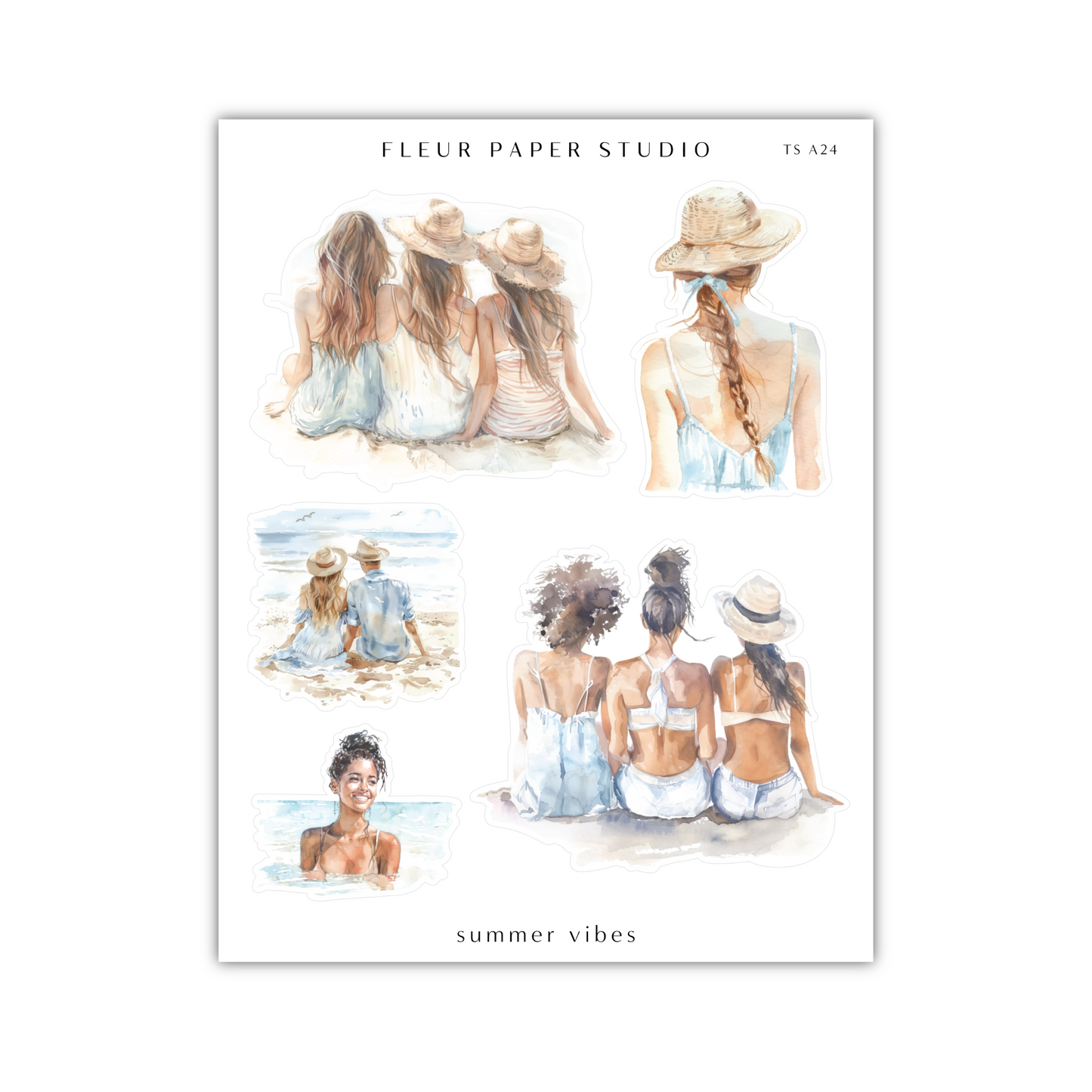 a watercolor painting of four women sitting on the beach