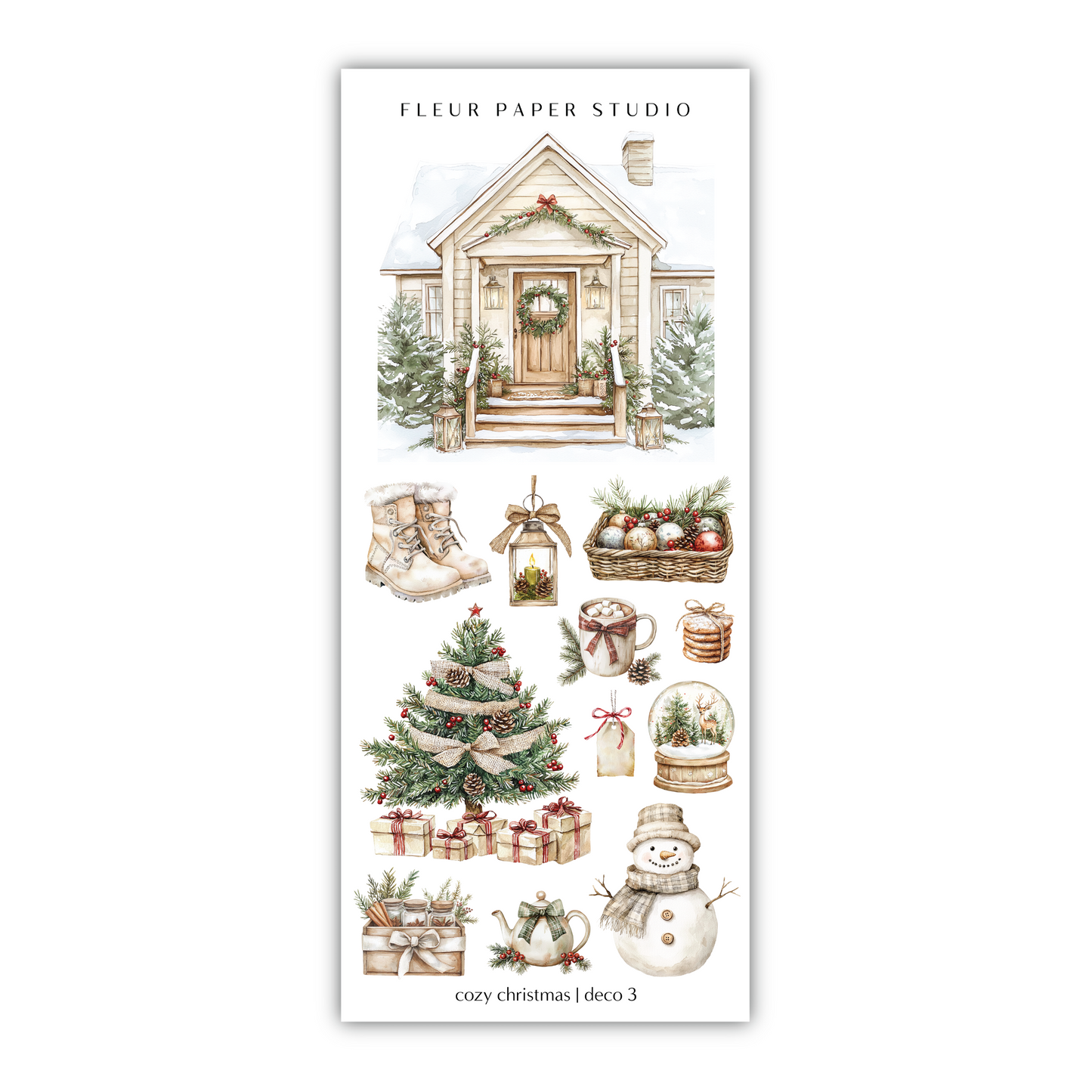 a christmas sticker with a house and christmas decorations