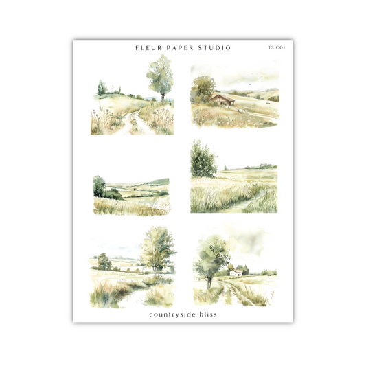 four watercolor paintings of trees and fields
