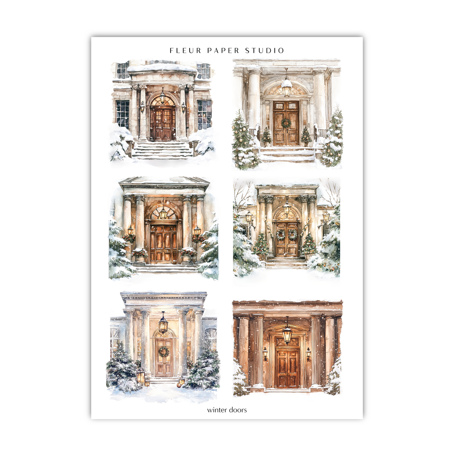 a set of four watercolor drawings of doors and windows