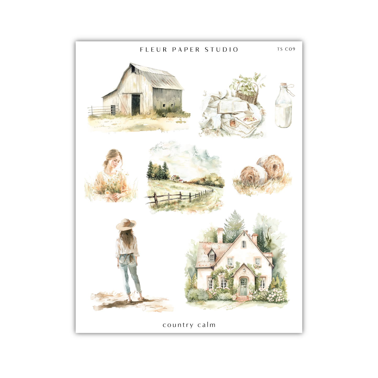 a poster of a farm scene with a girl standing in front of a barn