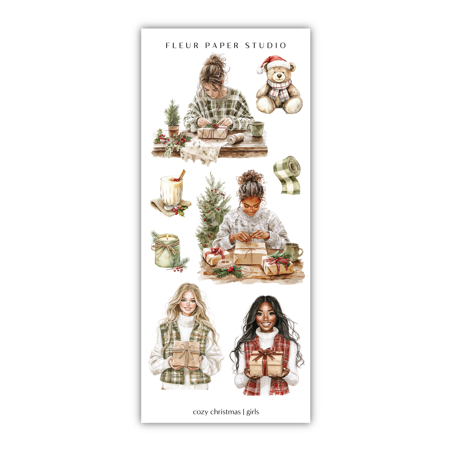 a christmas sticker sheet with a girl and a teddy bear