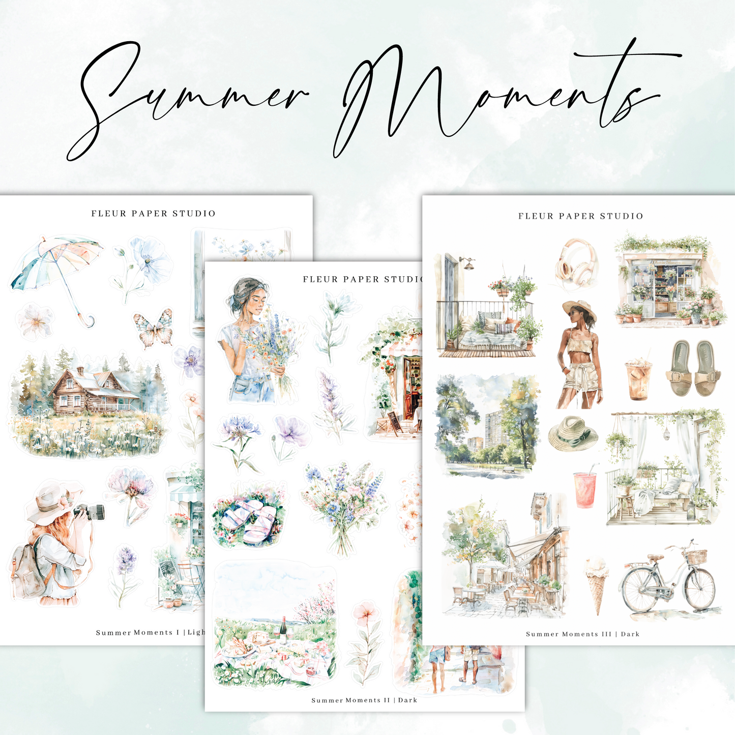 a set of four watercolor illustrations of summer moments