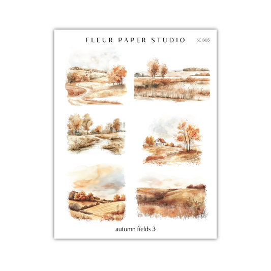 four watercolor paintings of trees and fields