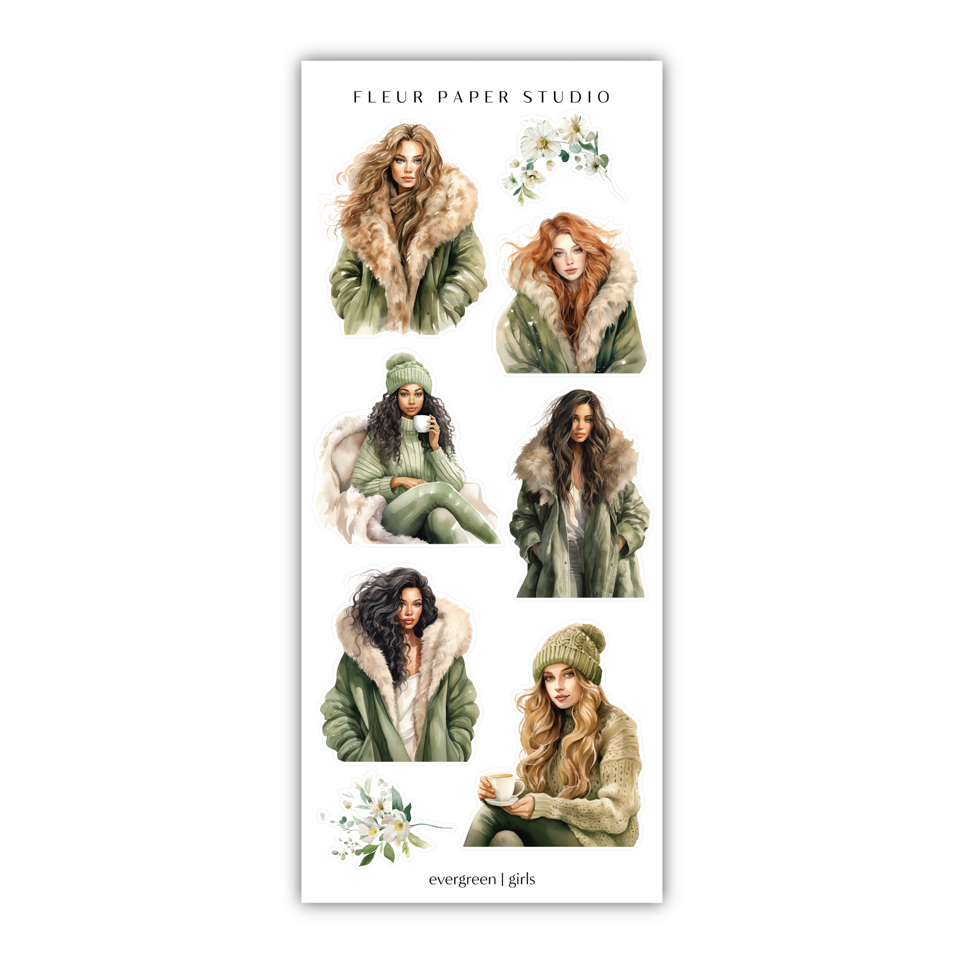 a sticker sheet with a woman wearing winter clothes