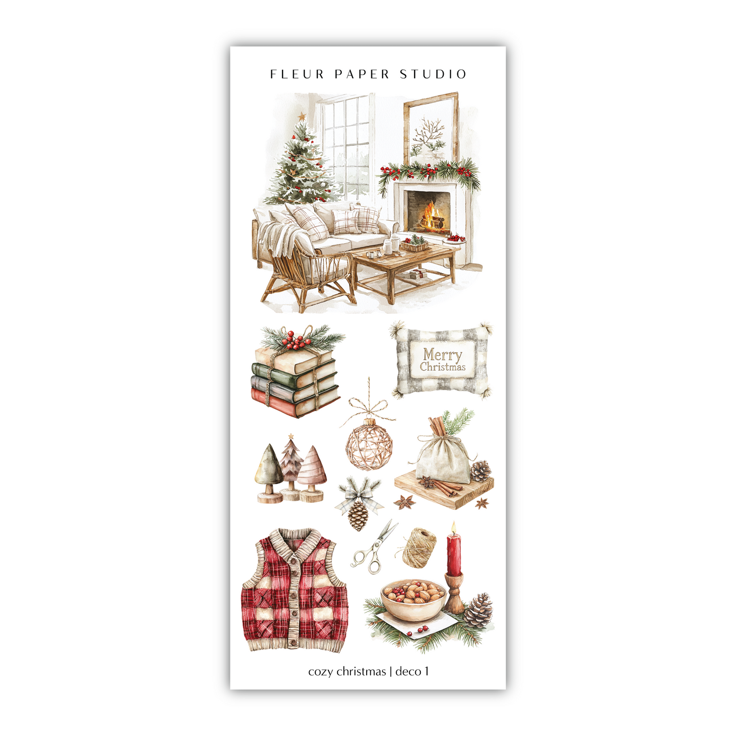 a christmas sticker sheet with a picture of a living room