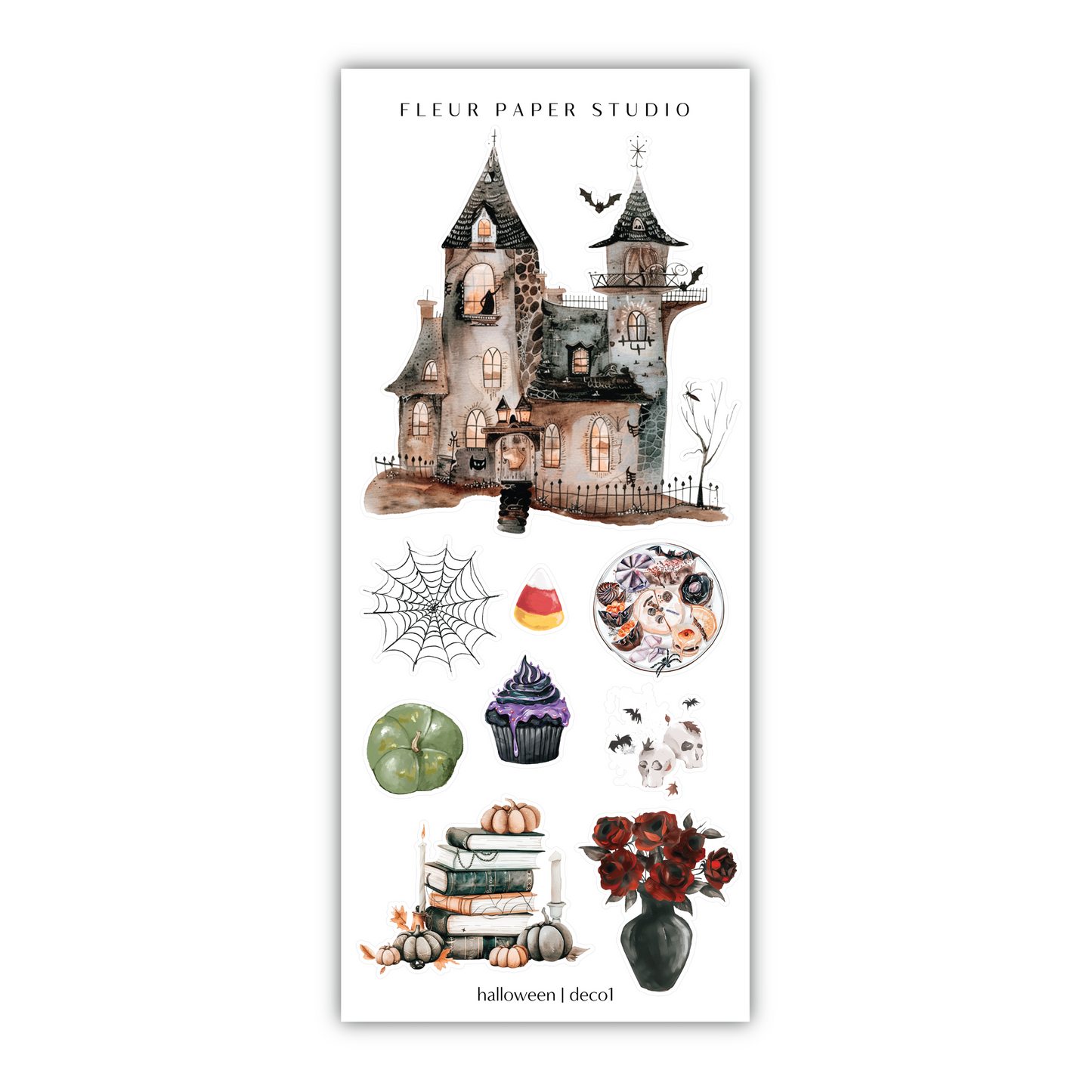 a sticker sheet with a house and a spider web