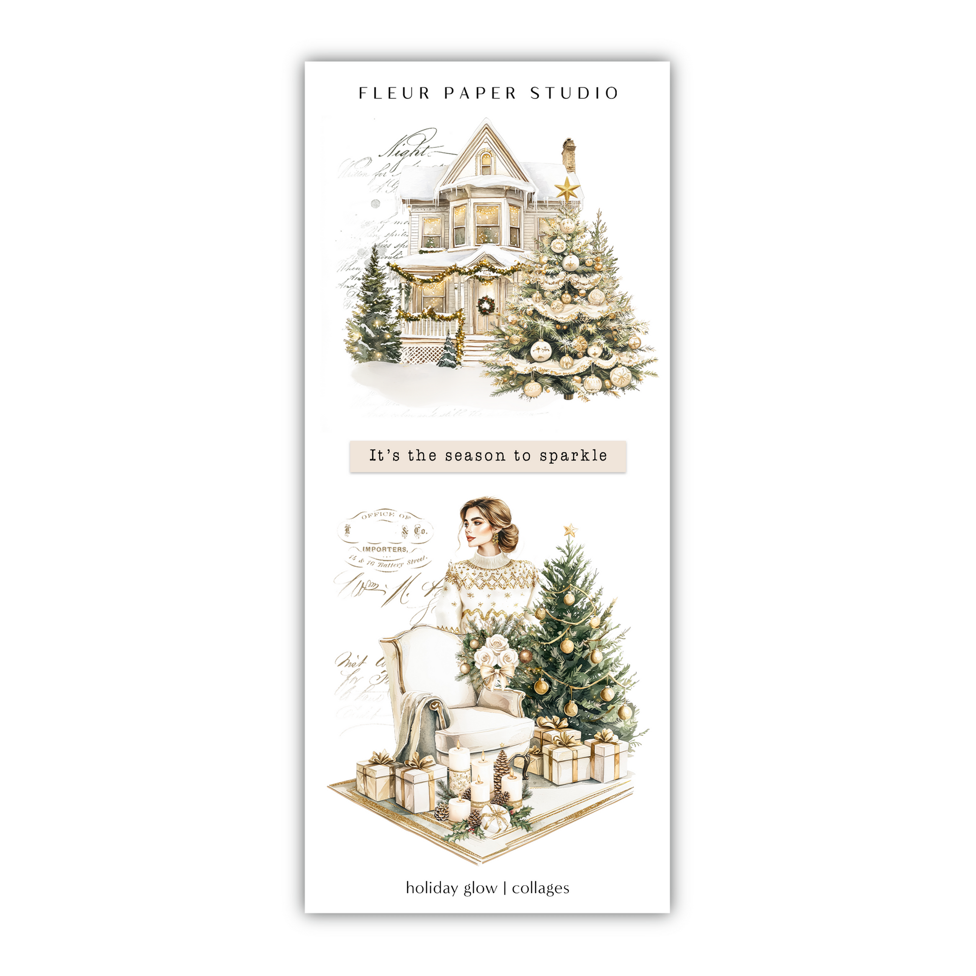 two christmas cards with a house and trees