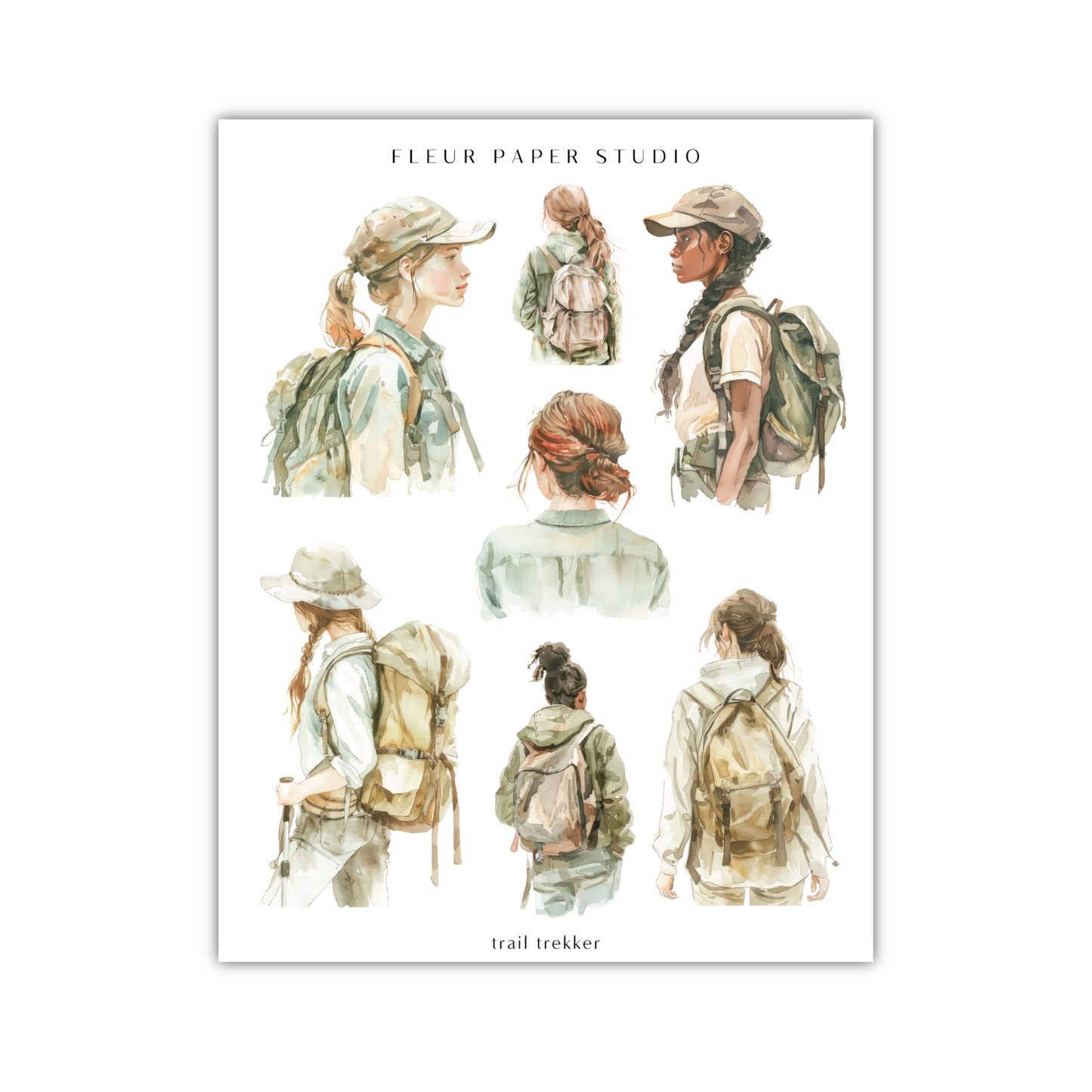 a watercolor painting of people with backpacks