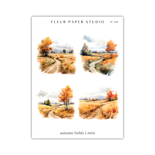 four watercolor paintings of autumn fields and trees